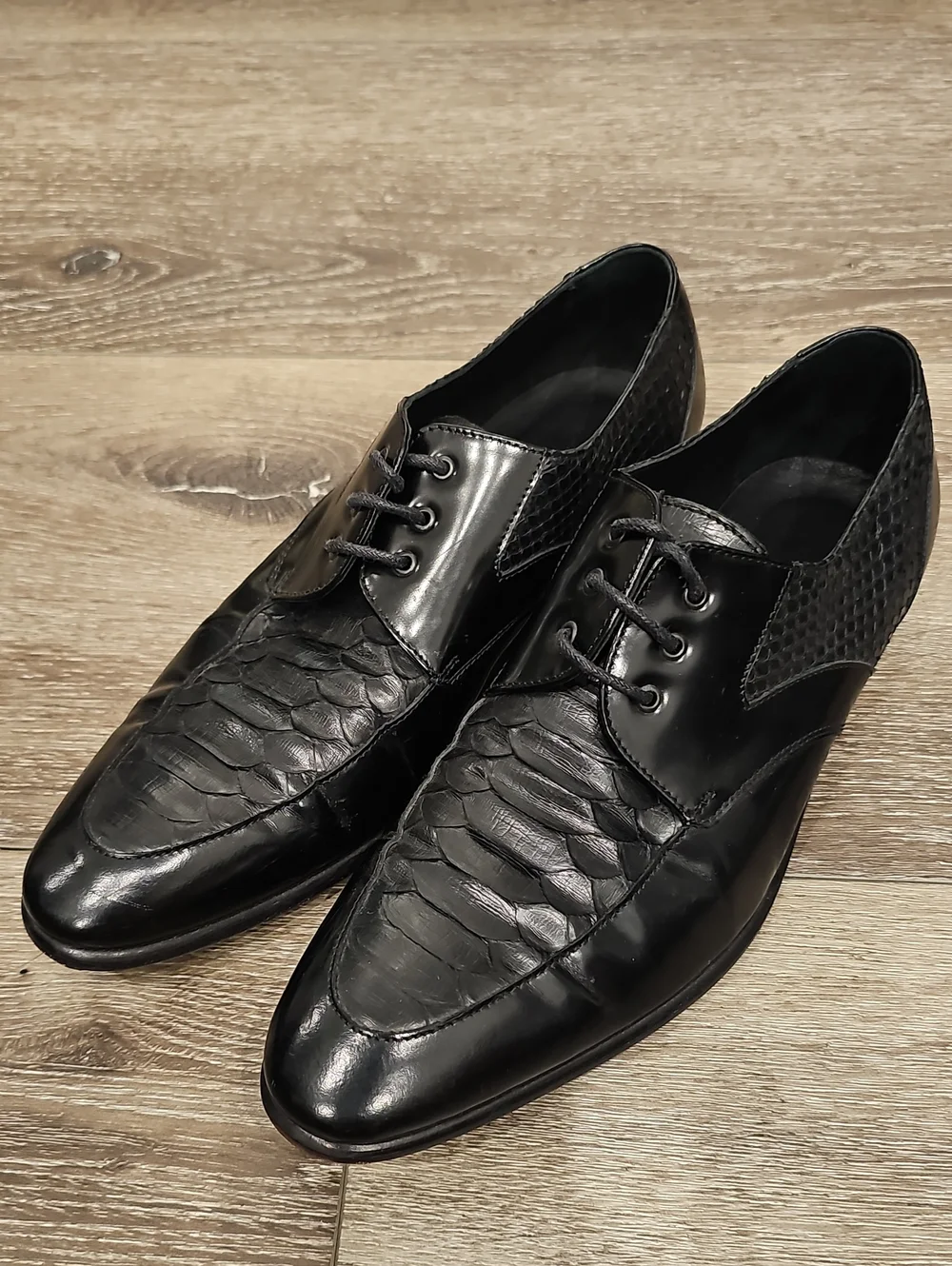 [New] Men's Black Leather Derby Lace Up Oxfords HANDMADE Croc & Snakeskin Sz 40